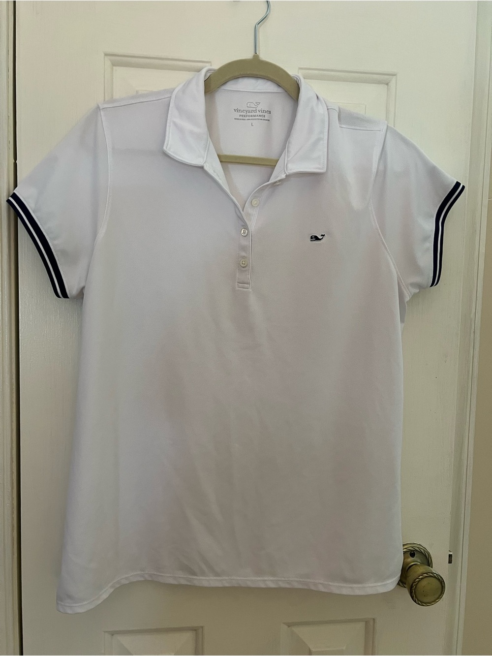 Vineyard Vines White Performance Polo with Navy Trim